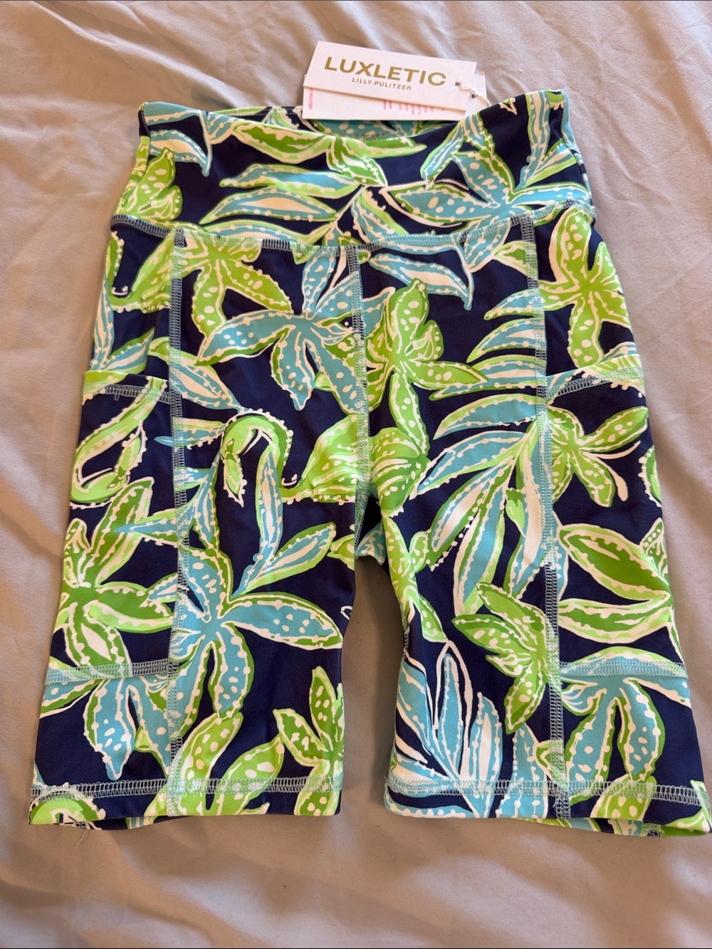 Lilly Pulitzer Women's Navy Bike Shorts with Green and Blue Leaf Print